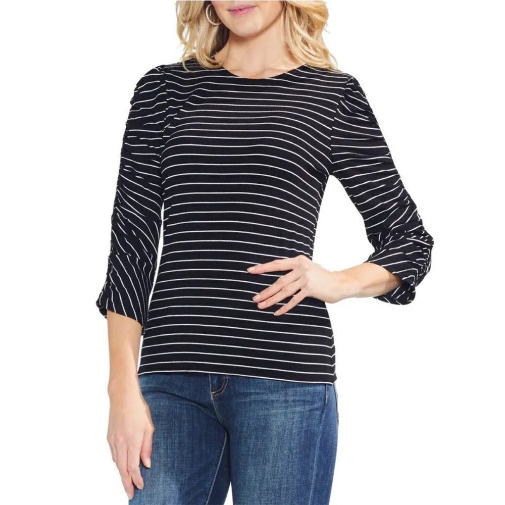 VINCE CAMUTO Women's Black Textured Ruched Sleeve Stripe Blouse Shirt Top S